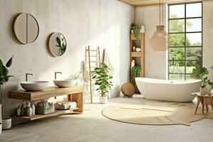 intérieur conception de une agréable moderne salle de bains. 3d le rendu moderne toilette ou salle de bains dans Hôtel ou maison concept par ai généré photo