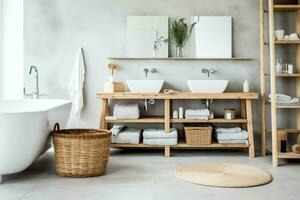 intérieur conception de une agréable moderne salle de bains. 3d le rendu moderne toilette ou salle de bains dans Hôtel ou maison concept par ai généré photo