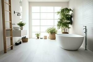 intérieur conception de une agréable moderne salle de bains. 3d le rendu moderne toilette ou salle de bains dans Hôtel ou maison concept par ai généré photo