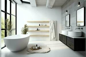 intérieur conception de une agréable moderne salle de bains. 3d le rendu moderne toilette ou salle de bains dans Hôtel ou maison concept par ai généré photo