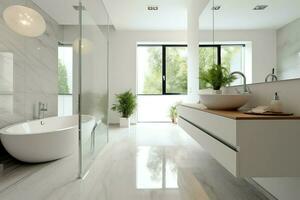 intérieur conception de une agréable moderne salle de bains. 3d le rendu moderne toilette ou salle de bains dans Hôtel ou maison concept par ai généré photo