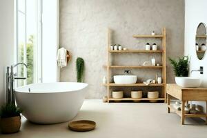 intérieur conception de une agréable moderne salle de bains. 3d le rendu moderne toilette ou salle de bains dans Hôtel ou maison concept par ai généré photo