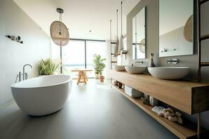 intérieur conception de une agréable moderne salle de bains. 3d le rendu moderne toilette ou salle de bains dans Hôtel ou maison concept par ai généré photo