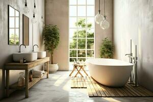 intérieur conception de une agréable moderne salle de bains. 3d le rendu moderne toilette ou salle de bains dans Hôtel ou maison concept par ai généré photo