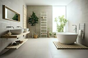 intérieur conception de une agréable moderne salle de bains. 3d le rendu moderne toilette ou salle de bains dans Hôtel ou maison concept par ai généré photo