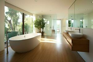 intérieur conception de une agréable moderne salle de bains. 3d le rendu moderne toilette ou salle de bains dans Hôtel ou maison concept par ai généré photo