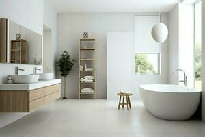 intérieur conception de une agréable moderne salle de bains. 3d le rendu moderne toilette ou salle de bains dans Hôtel ou maison concept par ai généré photo