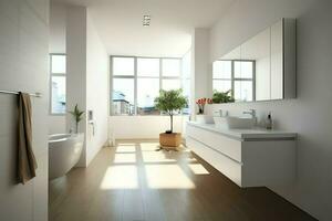 intérieur conception de une agréable moderne salle de bains. 3d le rendu moderne toilette ou salle de bains dans Hôtel ou maison concept par ai généré photo