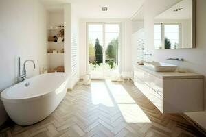 intérieur conception de une agréable moderne salle de bains. 3d le rendu moderne toilette ou salle de bains dans Hôtel ou maison concept par ai généré photo