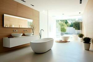 intérieur conception de une agréable moderne salle de bains. 3d le rendu moderne toilette ou salle de bains dans Hôtel ou maison concept par ai généré photo