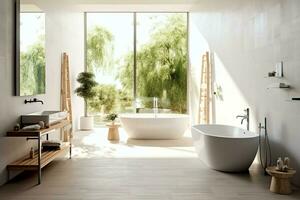 intérieur conception de une agréable moderne salle de bains. 3d le rendu moderne toilette ou salle de bains dans Hôtel ou maison concept par ai généré photo