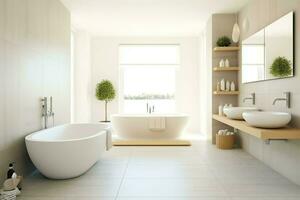 intérieur conception de une agréable moderne salle de bains. 3d le rendu moderne toilette ou salle de bains dans Hôtel ou maison concept par ai généré photo