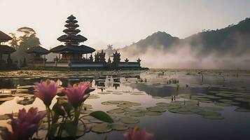 ancien pura ulun danu bratan, besakih ou célèbre hindou temple et touristique dans bali île à lever du soleil concept par ai généré photo