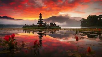 ancien pura ulun danu bratan, besakih ou célèbre hindou temple et touristique dans bali île à lever du soleil concept par ai généré photo