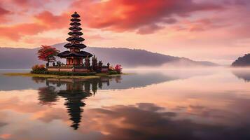 ancien pura ulun danu bratan, besakih ou célèbre hindou temple et touristique dans bali île à lever du soleil concept par ai généré photo