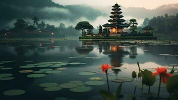 ancien pura ulun danu bratan, besakih ou célèbre hindou temple et touristique dans bali île à lever du soleil concept par ai généré photo