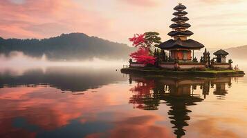 ancien pura ulun danu bratan, besakih ou célèbre hindou temple et touristique dans bali île à lever du soleil concept par ai généré photo