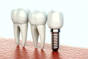 proche en haut de une dentaire dent implant ou en bonne santé Humain dents. blanc émail et dentaire implants chirurgie concept par ai généré photo