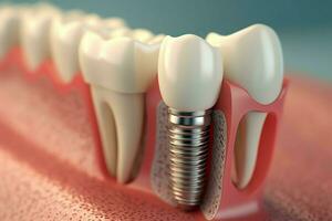 proche en haut de une dentaire dent implant ou en bonne santé Humain dents. blanc émail et dentaire implants chirurgie concept par ai généré photo