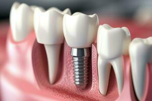 proche en haut de une dentaire dent implant ou en bonne santé Humain dents. blanc émail et dentaire implants chirurgie concept par ai généré photo