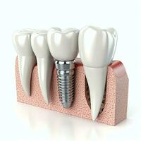 proche en haut de une dentaire dent implant ou en bonne santé Humain dents. blanc émail et dentaire implants chirurgie concept par ai généré photo