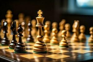 échiquier avec affaires stratégie, tactique et compétition de une échecs jeu. affaires et direction concept par ai généré photo