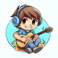 mignonne garçon en jouant guitare et écoute à la musique avec casque dans dessin animé style. jeunesse journée ou la musique journée concept par ai généré photo