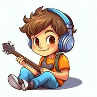 mignonne garçon en jouant guitare et écoute à la musique avec casque dans dessin animé style. jeunesse journée ou la musique journée concept par ai généré photo