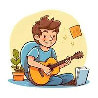 mignonne garçon en jouant guitare et écoute à la musique avec casque dans dessin animé style. jeunesse journée ou la musique journée concept par ai généré photo