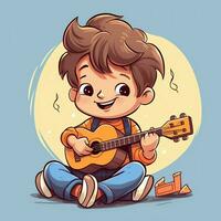 mignonne garçon en jouant guitare et écoute à la musique avec casque dans dessin animé style. jeunesse journée ou la musique journée concept par ai généré photo