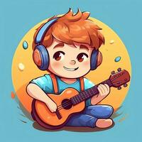 mignonne garçon en jouant guitare et écoute à la musique avec casque dans dessin animé style. jeunesse journée ou la musique journée concept par ai généré photo