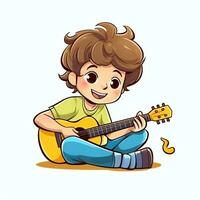 mignonne garçon en jouant guitare et écoute à la musique avec casque dans dessin animé style. jeunesse journée ou la musique journée concept par ai généré photo