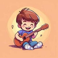 mignonne garçon en jouant guitare et écoute à la musique avec casque dans dessin animé style. jeunesse journée ou la musique journée concept par ai généré photo