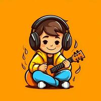 mignonne garçon en jouant guitare et écoute à la musique avec casque dans dessin animé style. jeunesse journée ou la musique journée concept par ai généré photo