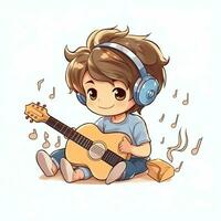 mignonne garçon en jouant guitare et écoute à la musique avec casque dans dessin animé style. jeunesse journée ou la musique journée concept par ai généré photo