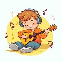 mignonne garçon en jouant guitare et écoute à la musique avec casque dans dessin animé style. jeunesse journée ou la musique journée concept par ai généré photo