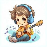 mignonne garçon en jouant guitare et écoute à la musique avec casque dans dessin animé style. jeunesse journée ou la musique journée concept par ai généré photo