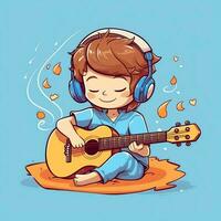 mignonne garçon en jouant guitare et écoute à la musique avec casque dans dessin animé style. jeunesse journée ou la musique journée concept par ai généré photo