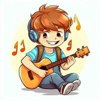 mignonne garçon en jouant guitare et écoute à la musique avec casque dans dessin animé style. jeunesse journée ou la musique journée concept par ai généré photo