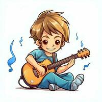 mignonne garçon en jouant guitare et écoute à la musique avec casque dans dessin animé style. jeunesse journée ou la musique journée concept par ai généré photo