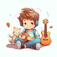 mignonne garçon en jouant guitare et écoute à la musique avec casque dans dessin animé style. jeunesse journée ou la musique journée concept par ai généré photo