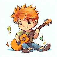 mignonne garçon en jouant guitare et écoute à la musique avec casque dans dessin animé style. jeunesse journée ou la musique journée concept par ai généré photo