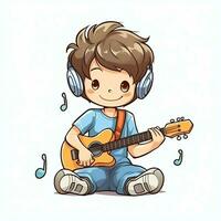 mignonne garçon en jouant guitare et écoute à la musique avec casque dans dessin animé style. jeunesse journée ou la musique journée concept par ai généré photo