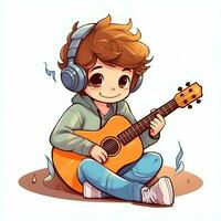 mignonne garçon en jouant guitare et écoute à la musique avec casque dans dessin animé style. jeunesse journée ou la musique journée concept par ai généré photo