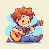 mignonne garçon en jouant guitare et écoute à la musique avec casque dans dessin animé style. jeunesse journée ou la musique journée concept par ai généré photo