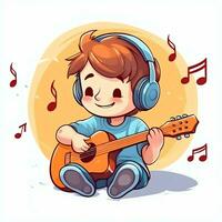 mignonne garçon en jouant guitare et écoute à la musique avec casque dans dessin animé style. jeunesse journée ou la musique journée concept par ai généré photo