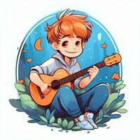 mignonne garçon en jouant guitare et écoute à la musique avec casque dans dessin animé style. jeunesse journée ou la musique journée concept par ai généré photo