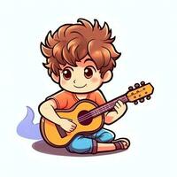 mignonne garçon en jouant guitare et écoute à la musique avec casque dans dessin animé style. jeunesse journée ou la musique journée concept par ai généré photo