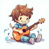 mignonne garçon en jouant guitare et écoute à la musique avec casque dans dessin animé style. jeunesse journée ou la musique journée concept par ai généré photo