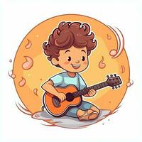 mignonne garçon en jouant guitare et écoute à la musique avec casque dans dessin animé style. jeunesse journée ou la musique journée concept par ai généré photo